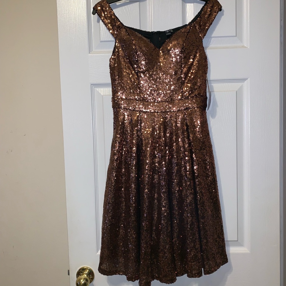 WINDSOR SEQUIN OFF THE SHOULDER SKATER DRESS